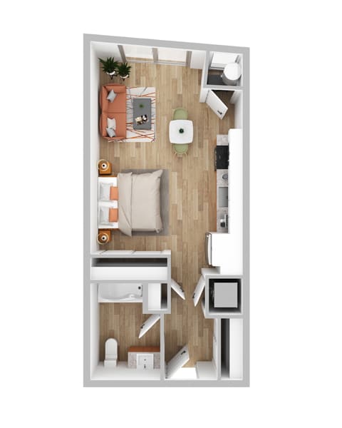 a stylized floor plan with a bedroom and a living room