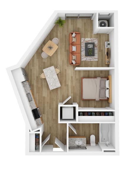 a stylized floor plan with a bedroom and a living room