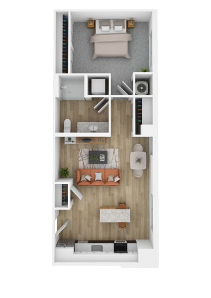 a stylized floor plan with a bedroom and a living room