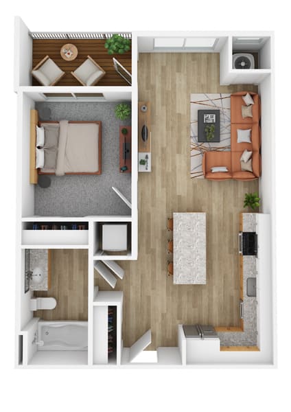 a stylized floor plan with a bedroom and a living room