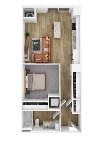 a stylized floor plan with a bedroom and a living room