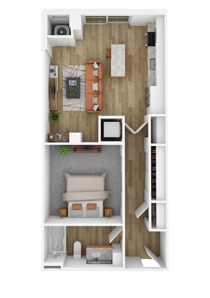 a stylized floor plan with a bedroom and a living room