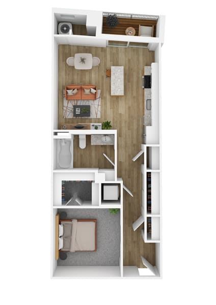 a stylized floor plan with a bedroom and a living room