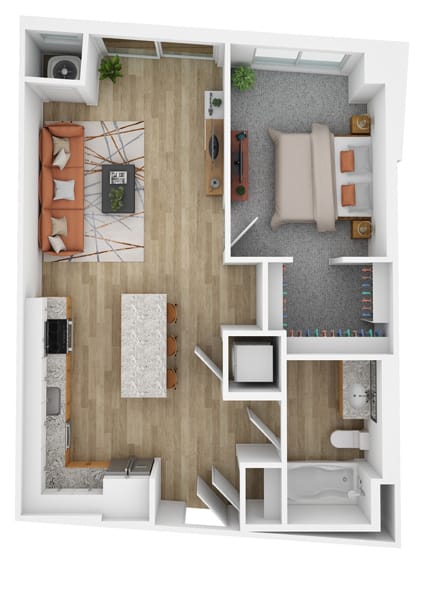 a stylized floor plan with a bedroom and a bathroom