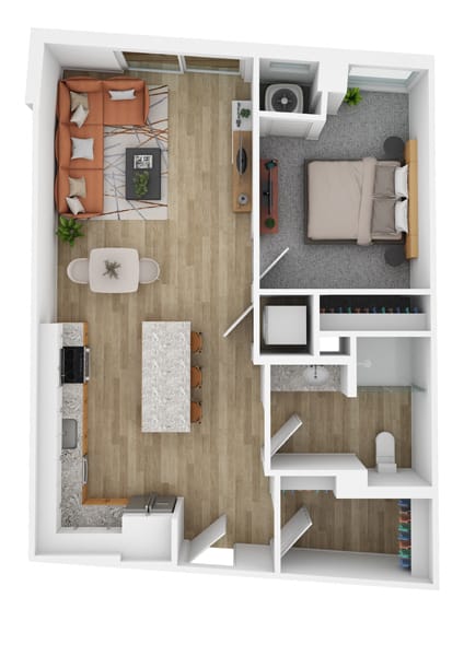 a stylized floor plan with a bedroom and a living room
