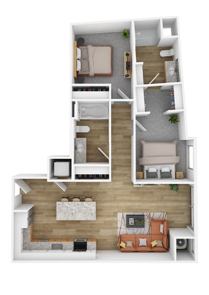 a stylized floor plan with a bedroom and a living room