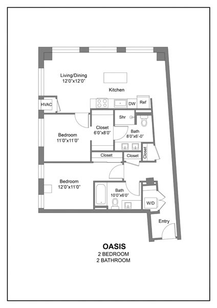 the floor plan of oasis 2 bedroom apartment