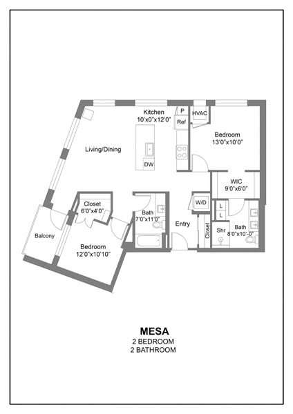 the floor plan of mesa 2 bedroom apartment
