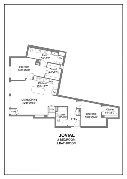 the floor plan of jovan 2 bedroom and 2 baths