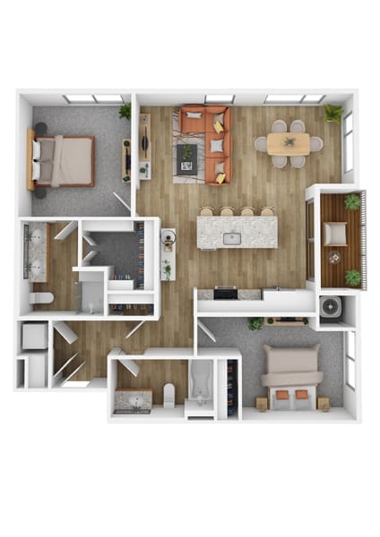 a furnished bedroom with a living room and a dining room