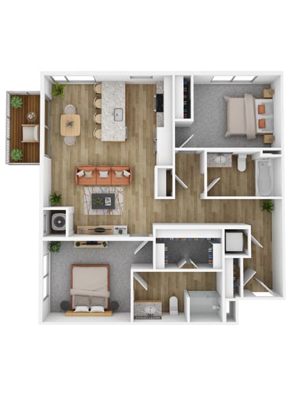 a furnished bedroom with a living room and a dining room