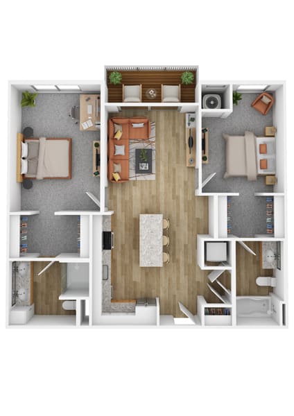 a stylized 3d floor plan with a bedroom and living room