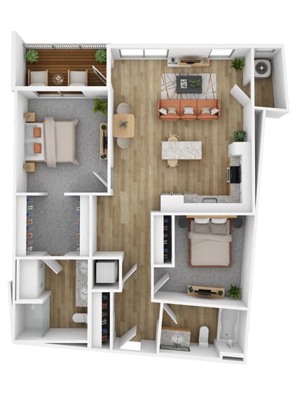 a stylized floor plan with a bedroom and a living room