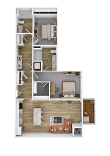 a furnished floor plan with a bedroom and a living room