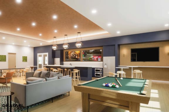 a recreation room with a pool table and a bar at The Commons at Rivertown, Grandville, 49418