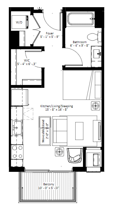 Studio 1 bath floor plan with dimensions at The Bohen Apartments , Minnesota