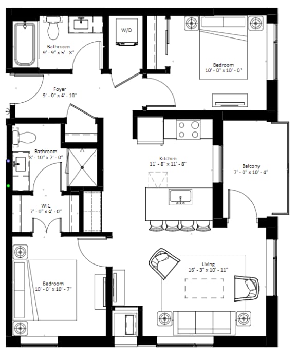2 bed 2 bath floor plan C with dimensions at The Bohen Apartments , Minnesota