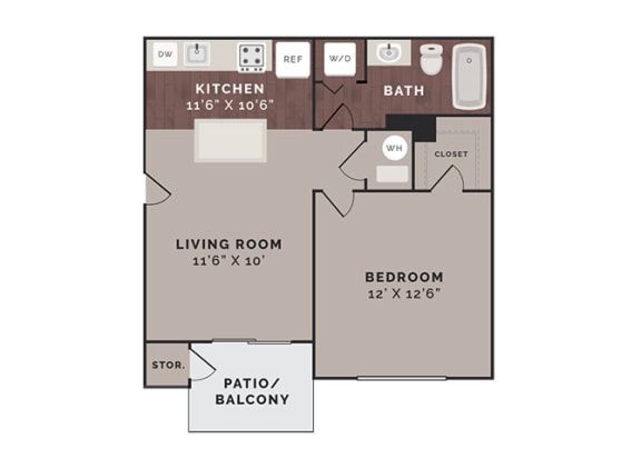 1 Bedroom 1 Bathroom A Floor Plan at Reflection Cove Apartments, Manchester, MO, 63021
