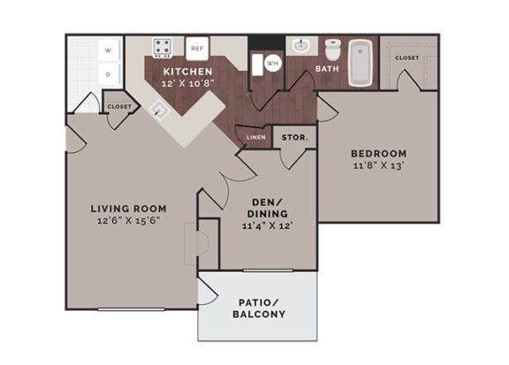 1 Bedroom with Den Floor Plan at Reflection Cove Apartments, Manchester, 63021