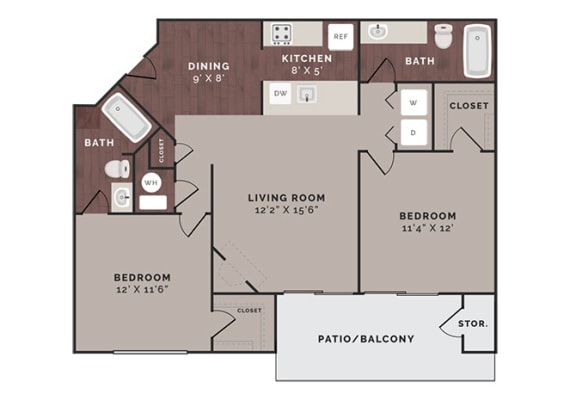 2 Bedroom/2 Bathrooms Floor Plan at Reflection Cove Apartments in Manchester, Missouri