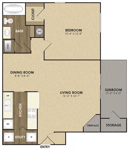 A4S - Willow w/Sunroom 1 Bedroom 1 Bathroom Floor Plan at Riverset Apartments in Mud Island, Memphis, TN