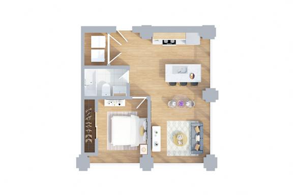 A floor plan of a house with a kitchen, living room, and two bedrooms.