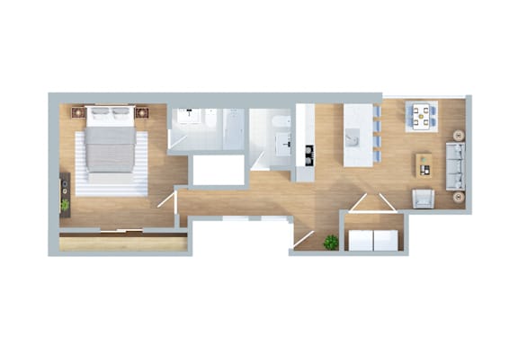 A floor plan of a house with a kitchen, living room, and bedrooms.