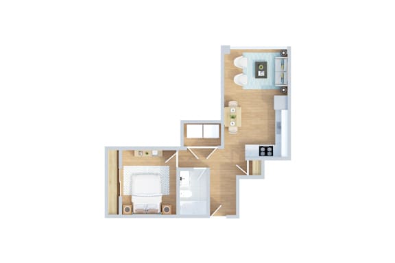 A floor plan of a house with a kitchen, living room, and two bedrooms.