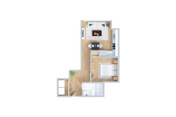 A floor plan of a house with a kitchen, living room, and two bedrooms.