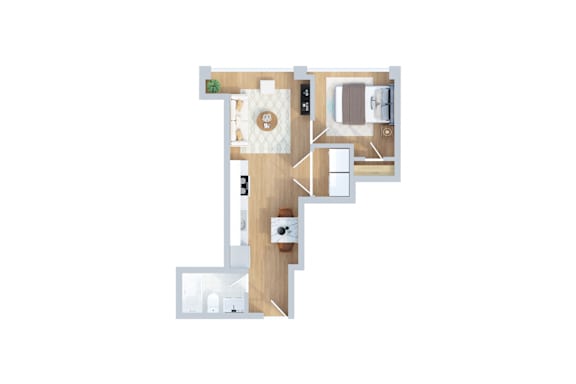 A floor plan of a room with a kitchen, living room, and bathroom.