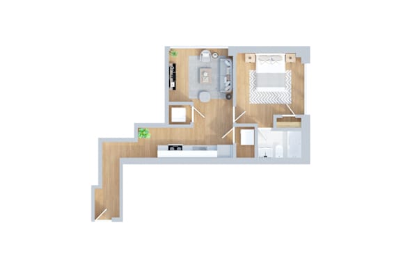 A floor plan of a house with a kitchen, living room, and two bedrooms.