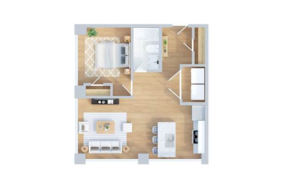 A top-down view of a small apartment with a kitchen, living room, and bedroom.
