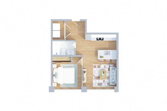 A floor plan of a house with a kitchen, living room, and two bedrooms.