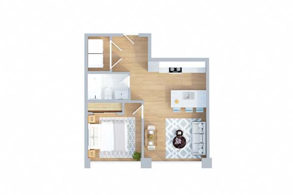 A floor plan of a house with a kitchen, living room, dining area, and two bedrooms.