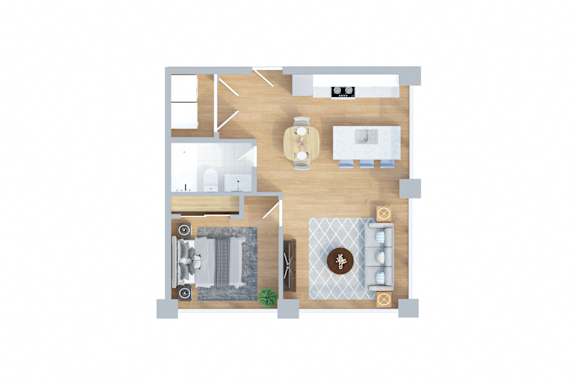 A floor plan of a house with a kitchen, living room, dining room, and bathroom.