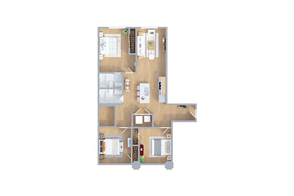 A floor plan of a house with a kitchen, living room, dining room, and two bedrooms.