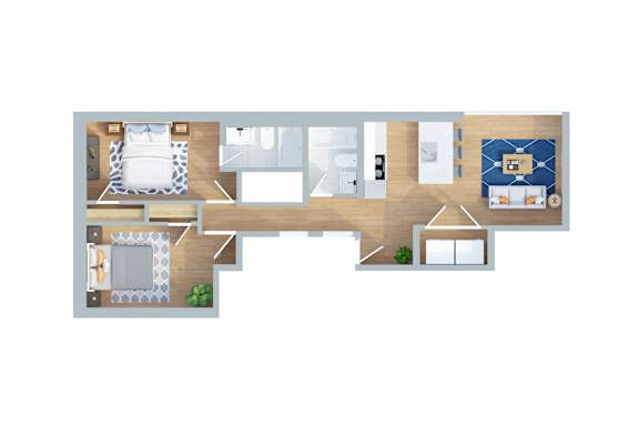 A floor plan of a house with a bedroom, living room, kitchen, and bathroom.