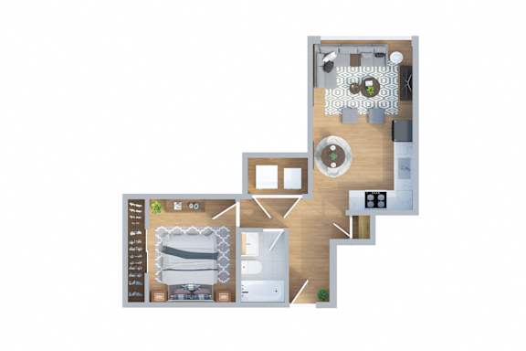 A floor plan of a house with a kitchen, living room, and two bedrooms.
