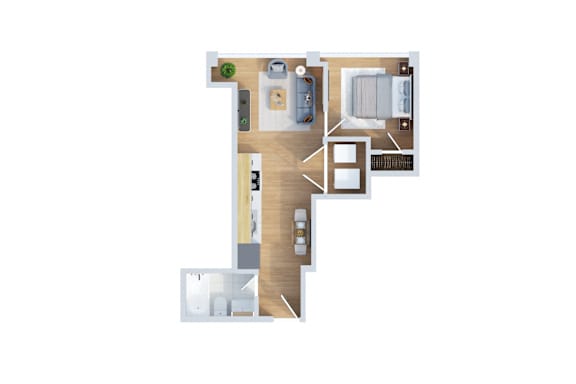 A floor plan of a small apartment with a kitchen, living room, and bathroom.