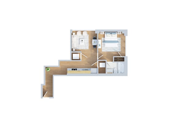 A floor plan of a house with a kitchen, living room, and two bedrooms.