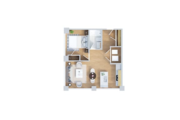 A floor plan of a small apartment with a kitchen, living room, and bathroom.