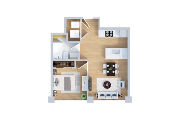A floor plan of a house with a kitchen, living room, dining room, and two bedrooms.