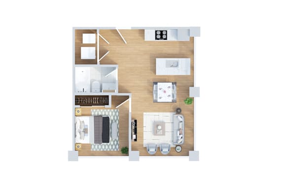 A floor plan of a house with a kitchen, living room, dining room, and two bedrooms.