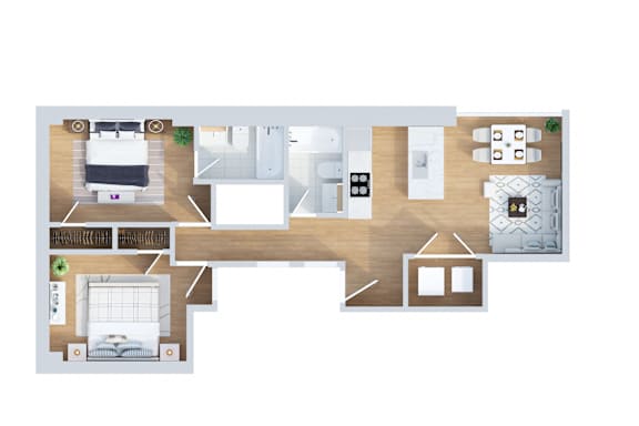 A floor plan of a house with a kitchen, living room, dining room, and two bedrooms.