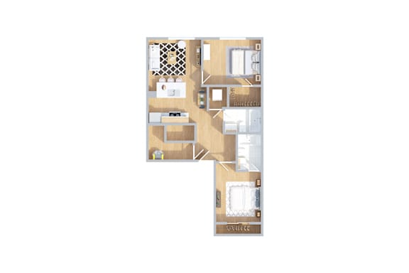 A floor plan of a house with a kitchen, living room, and two bedrooms.