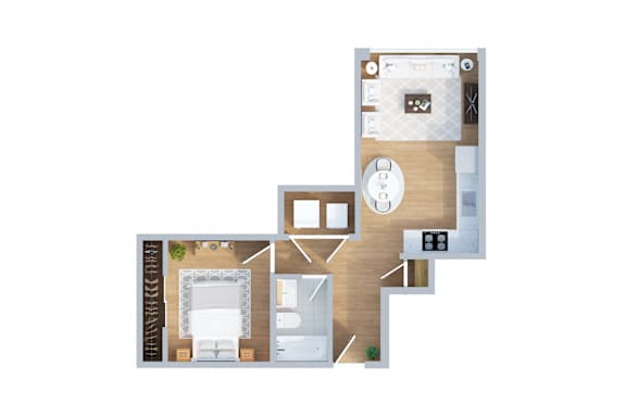 A floor plan of a house with a kitchen, living room, and two bedrooms.