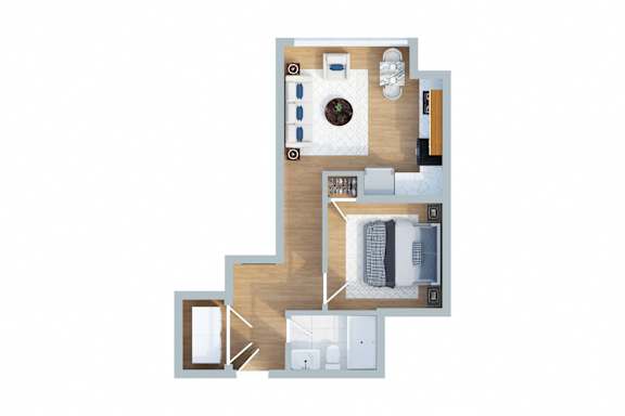 A floor plan of a house with a kitchen, living room, and two bedrooms.
