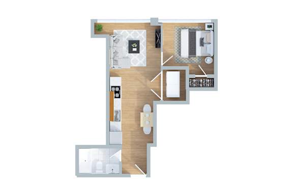A floor plan of a house with a kitchen, living room, and two bedrooms.