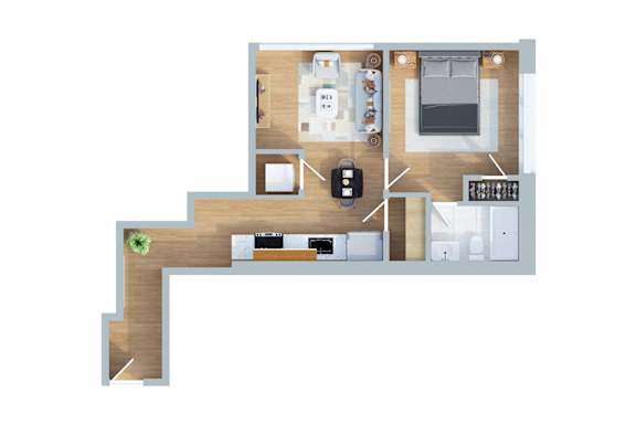 A floor plan of a house with a kitchen, living room, and two bedrooms.