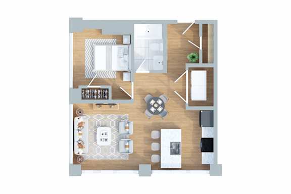 A top-down view of a living room with a dining area, kitchen, and a small bedroom.